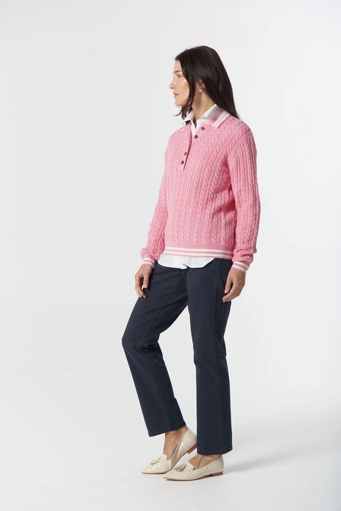 Load image into Gallery viewer, Goondiwindi Cotton Womens Marine Cable Knit Polo - Fondant Pink/Snow
