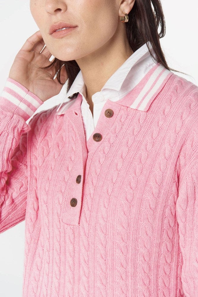 Load image into Gallery viewer, Goondiwindi Cotton Womens Marine Cable Knit Polo - Fondant Pink/Snow
