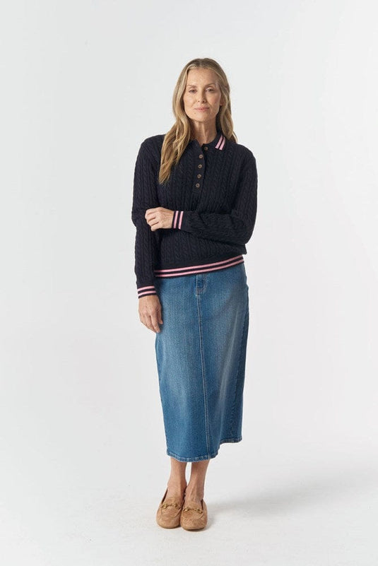 Goondiwindi Cotton Womens Marine Cable Knit Polo - Navy/Fondant Pink