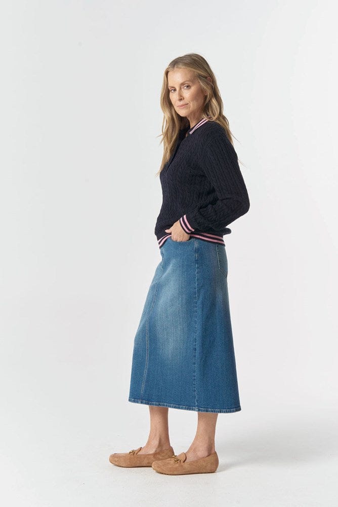 Load image into Gallery viewer, Goondiwindi Cotton Womens Marine Cable Knit Polo - Navy/Fondant Pink
