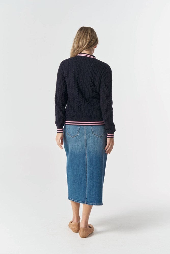 Load image into Gallery viewer, Goondiwindi Cotton Womens Marine Cable Knit Polo - Navy/Fondant Pink
