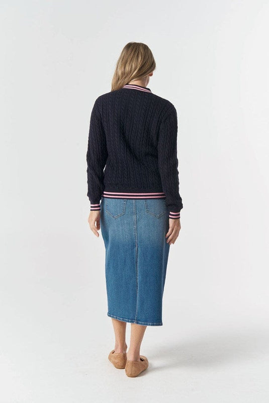 Goondiwindi Cotton Womens Marine Cable Knit Polo - Navy/Fondant Pink