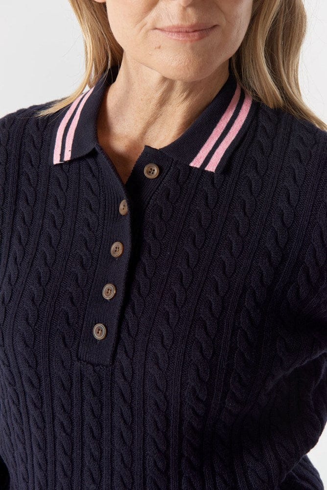 Load image into Gallery viewer, Goondiwindi Cotton Womens Marine Cable Knit Polo - Navy/Fondant Pink
