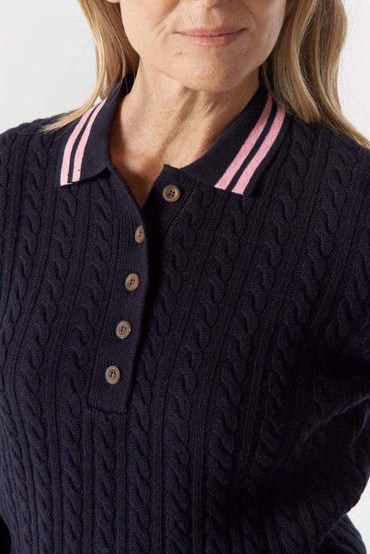 Goondiwindi Cotton Womens Marine Cable Knit Polo - Navy/Fondant Pink