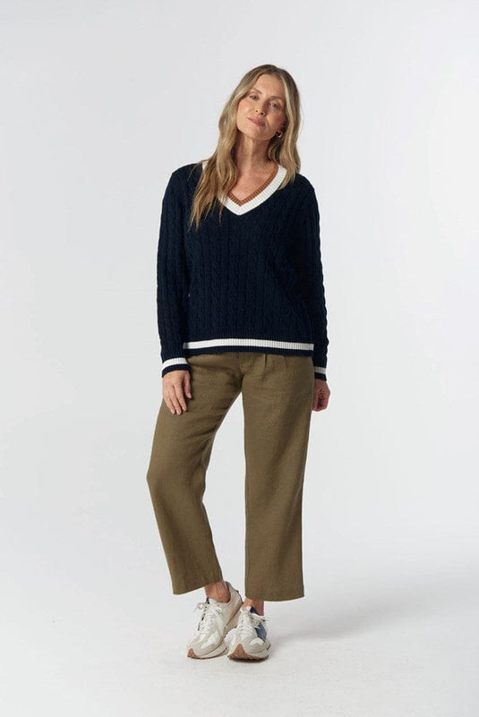 Goondiwindi Cotton Womens Harvest V-Neck Cotton Jumper - Dark Navy/White/Fox