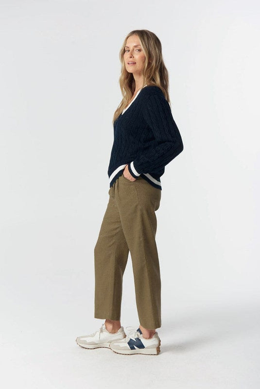 Goondiwindi Cotton Womens Harvest V-Neck Cotton Jumper - Dark Navy/White/Fox