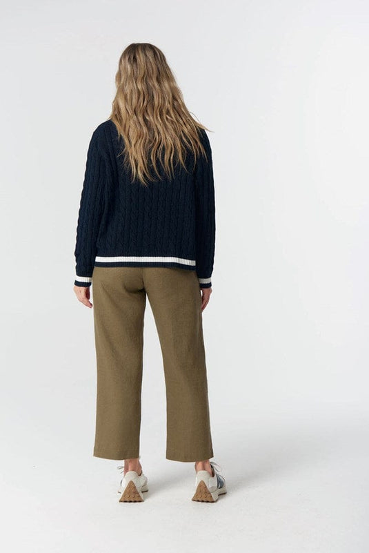 Goondiwindi Cotton Womens Harvest V-Neck Cotton Jumper - Dark Navy/White/Fox