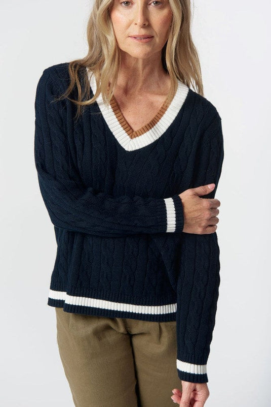 Goondiwindi Cotton Womens Harvest V-Neck Cotton Jumper - Dark Navy/White/Fox