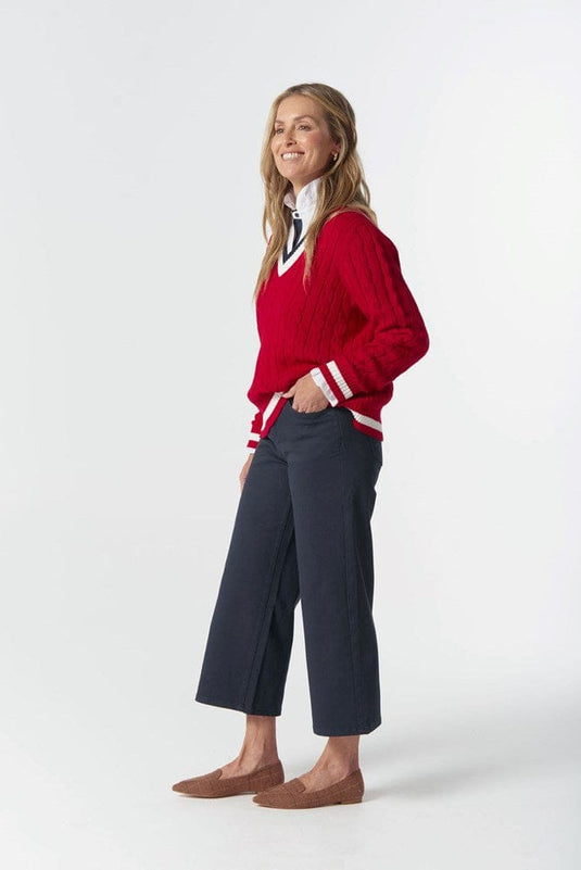 Goondiwindi Cotton Womens Harvest V-Neck Cotton Jumper - Poinsettia/White/Navy