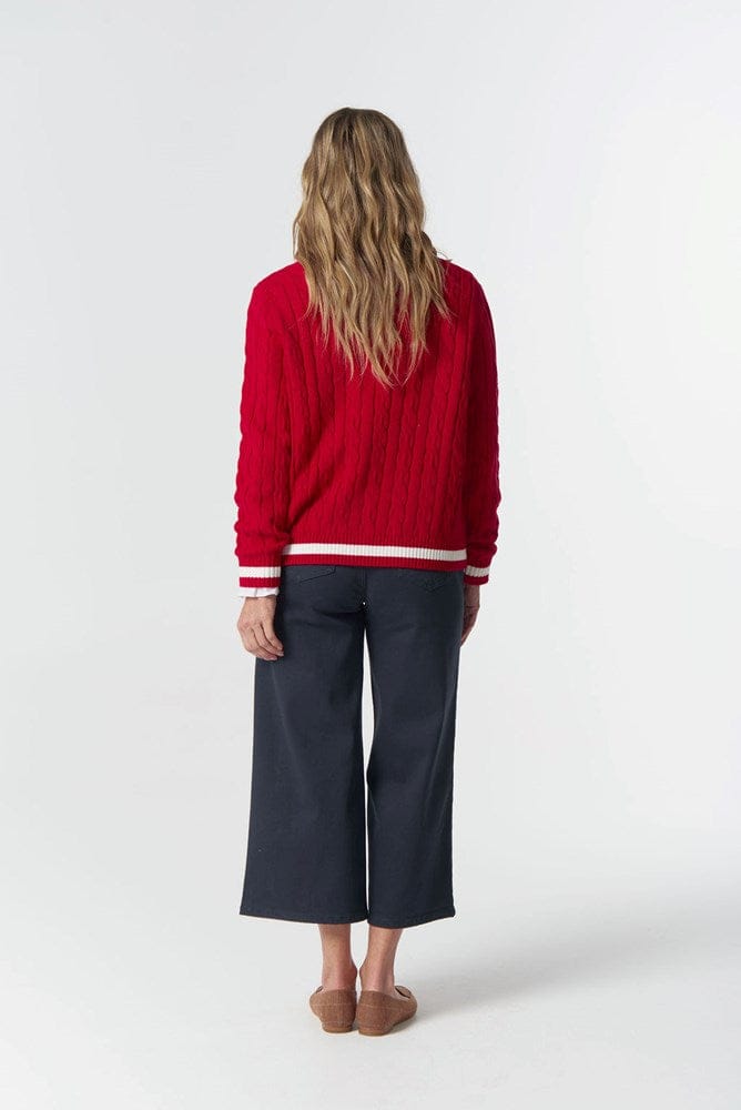 Load image into Gallery viewer, Goondiwindi Cotton Womens Harvest V-Neck Cotton Jumper - Poinsettia/White/Navy
