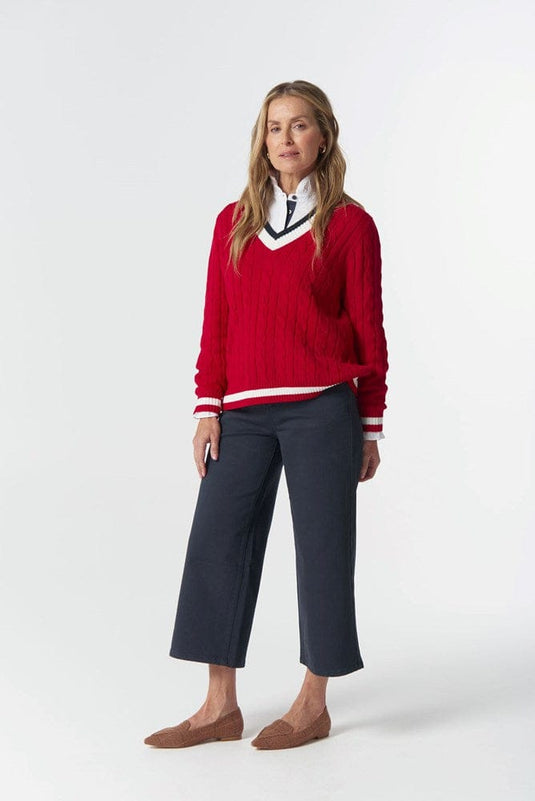 Goondiwindi Cotton Womens Harvest V-Neck Cotton Jumper - Poinsettia/White/Navy