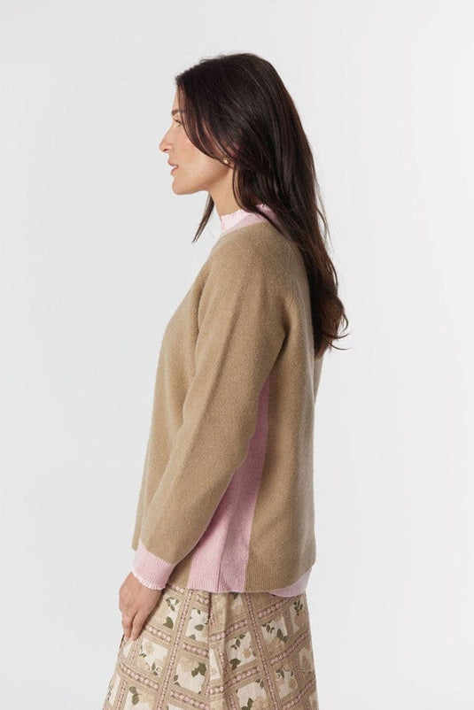 Goondiwindi Cotton Womens Drover Brushed Merino Jumper - Light Camel/Blush Pink