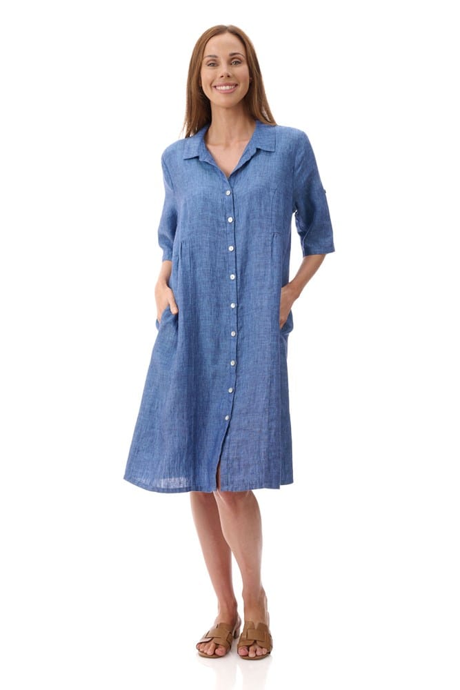 Load image into Gallery viewer, Givoni Womens Collared Linen Dress - Navy Crossdye
