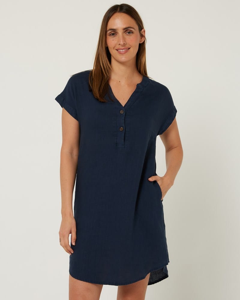 Load image into Gallery viewer, Pilbara Womens Alina Cap Sleeve Linen Dress - Navy

