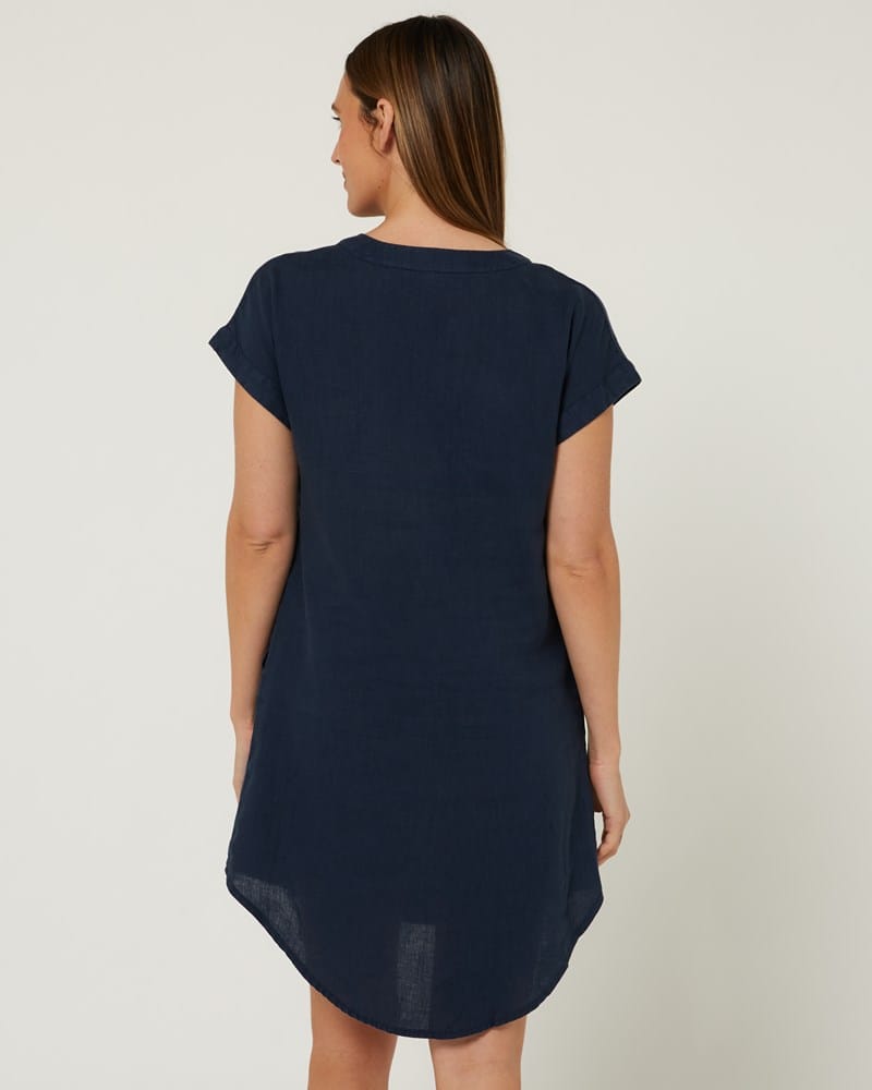 Load image into Gallery viewer, Pilbara Womens Alina Cap Sleeve Linen Dress - Navy
