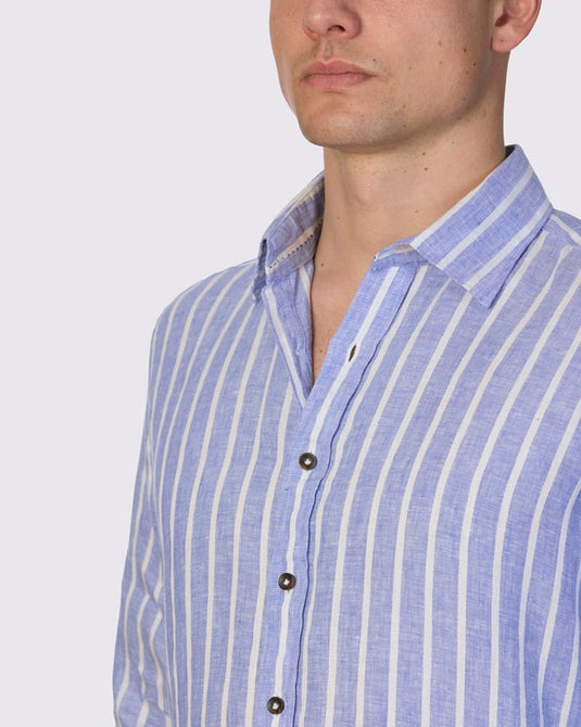 Abelard Mens The Med' Dobby Linen Stripe Slim Fit Shirt - Cornflower