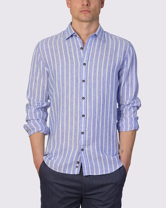 Abelard Mens The Med' Dobby Linen Stripe Slim Fit Shirt - Cornflower