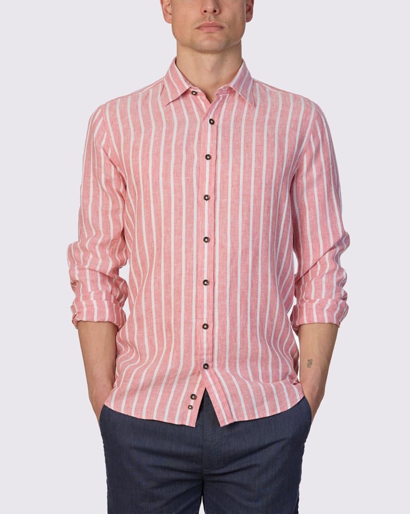 Load image into Gallery viewer, Abelard Mens The Med' Dobby Linen Stripe Slim Fit Shirt - Flame
