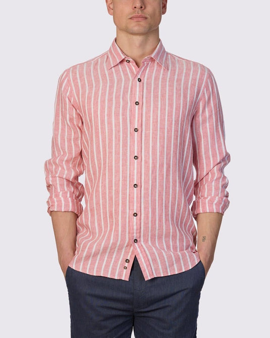 Abelard Mens The Med' Dobby Linen Stripe Slim Fit Shirt - Flame