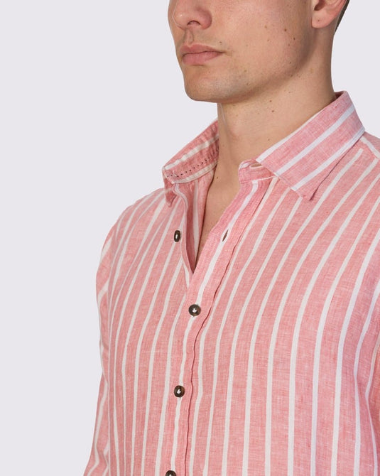 Abelard Mens The Med' Dobby Linen Stripe Slim Fit Shirt - Flame