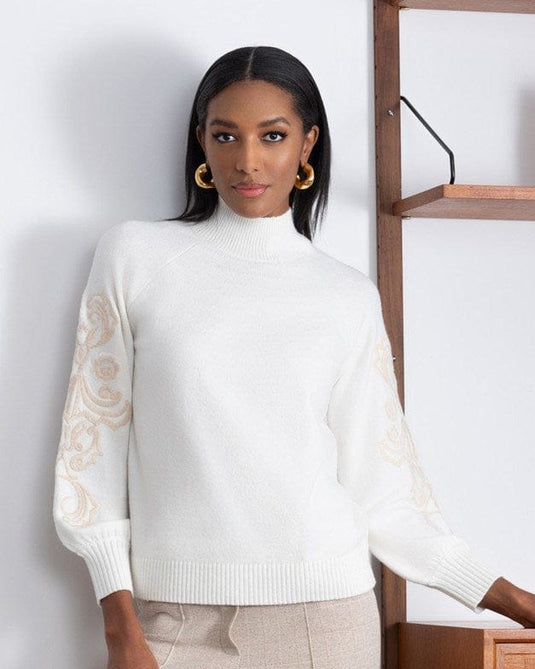Alison Sheri Womens Knit Sweater w/ Embroidery - Off White