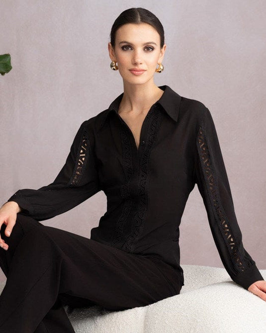 Alison Sheri Womens Black Lace Detail Blouse
