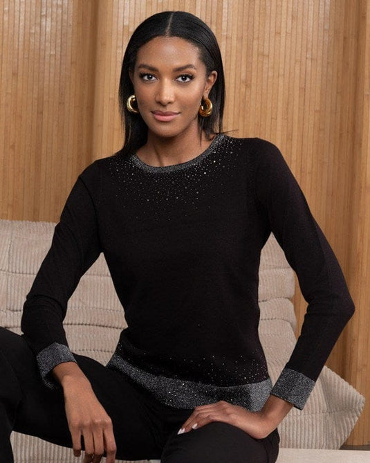 Alison Sheri Womens Fine Knit Embellished Sweater - Black