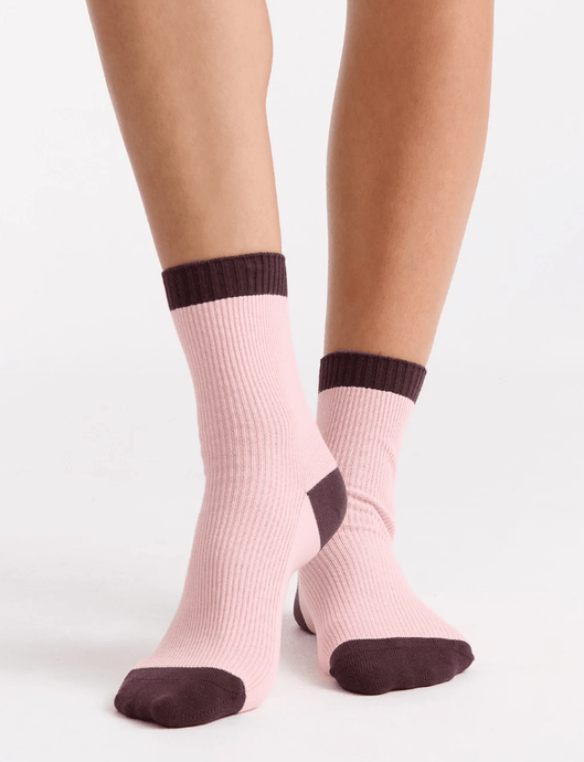 Ambra Womens Organic Cotton Two Tone Rib Crew Sock - Ballet