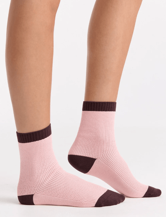 Ambra Womens Organic Cotton Two Tone Rib Crew Sock - Ballet