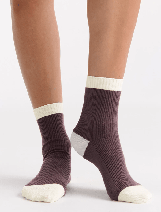 Ambra Womens Organic Cotton Two Tone Rib Crew Sock - Fudge
