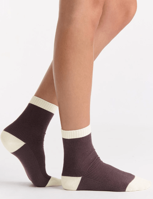 Ambra Womens Organic Cotton Two Tone Rib Crew Sock - Fudge