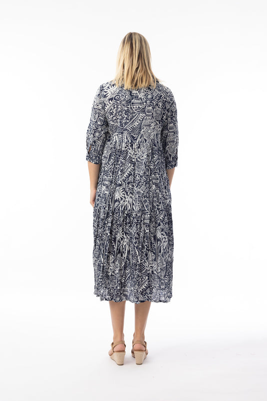 Orientique Womens Aksharay Navy Dress Collar Midi