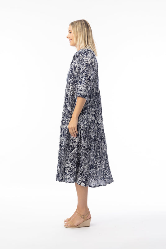 Orientique Womens Aksharay Navy Dress Collar Midi