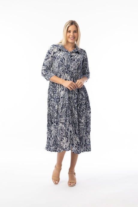 Orientique Womens Aksharay Navy Dress Collar Midi
