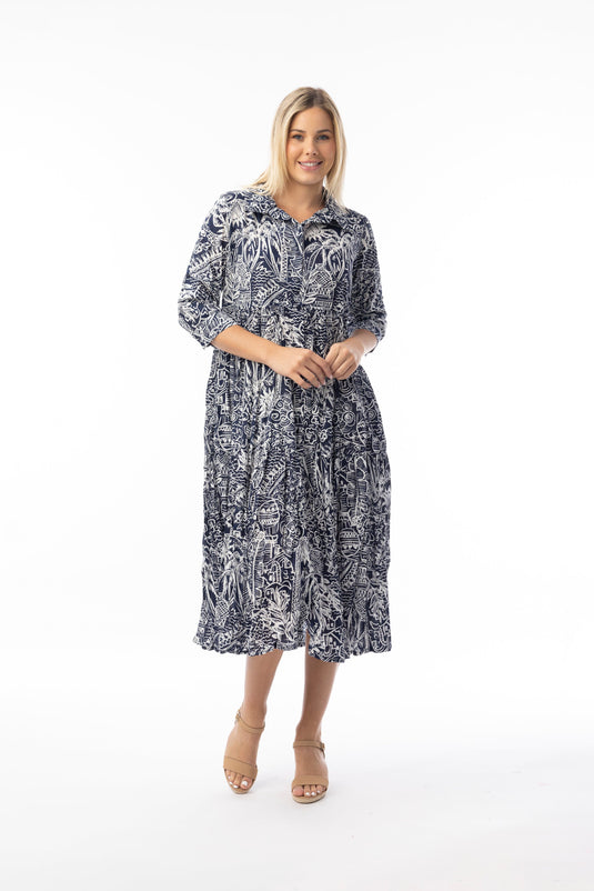 Orientique Womens Aksharay Navy Dress Collar Midi