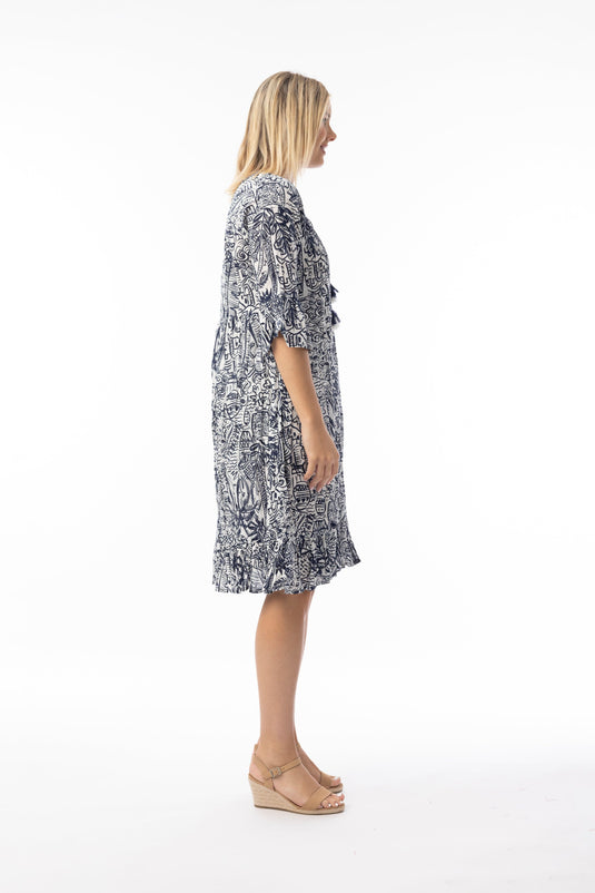 Orientique Womens Aksharay Navy Dress Pinch Pleat Frill Sleeve