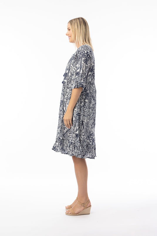 Orientique Womens Aksharay Navy Dress Pinch Pleat Frill Sleeve