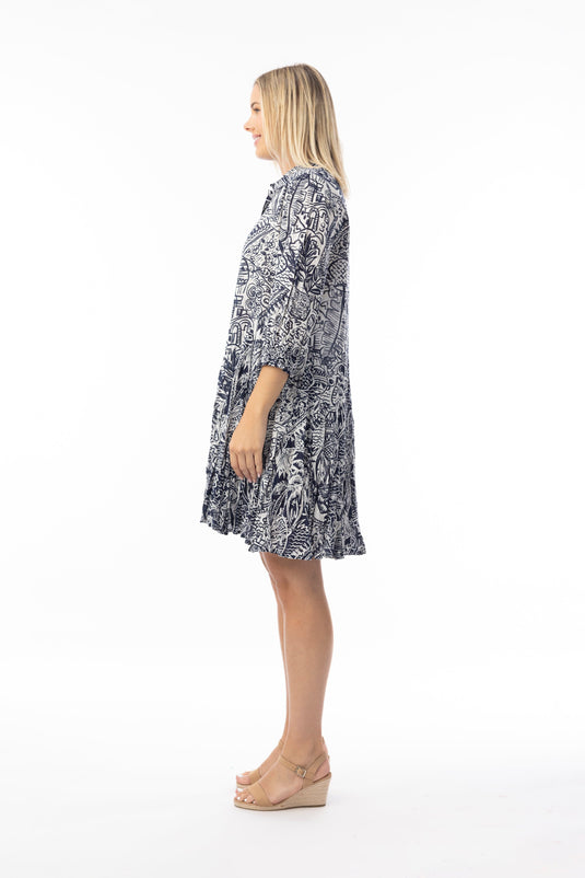 Orientique Womens Aksharay Navy Dress Collar Puff Sleeve