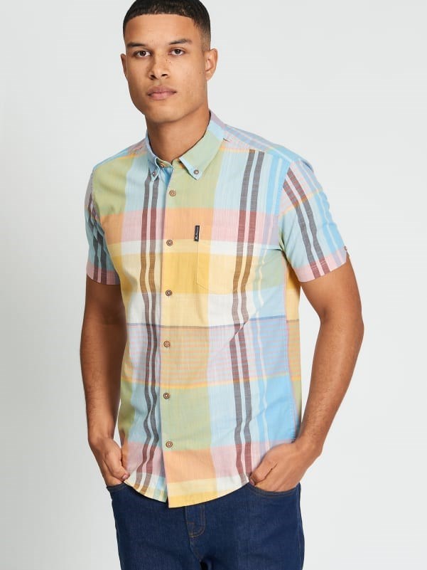 Load image into Gallery viewer, Ben Sherman Mens Short Sleeve Large Madras Check Shirt in Zest
