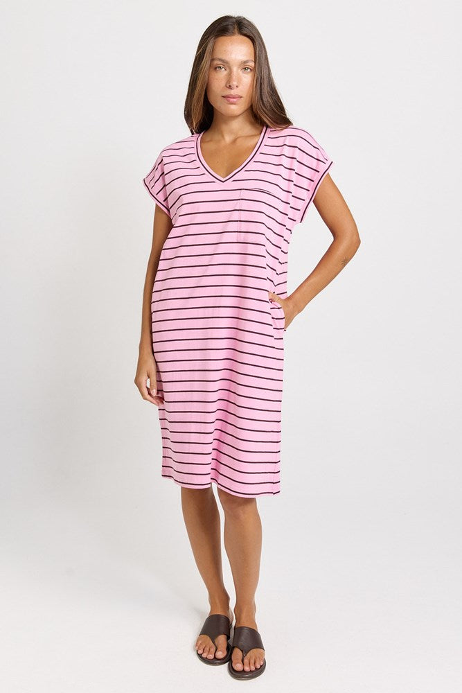 Load image into Gallery viewer, Betty Basics Womens Zena Cotton T-Shirt Dress - Pink/Chocolate Stripe
