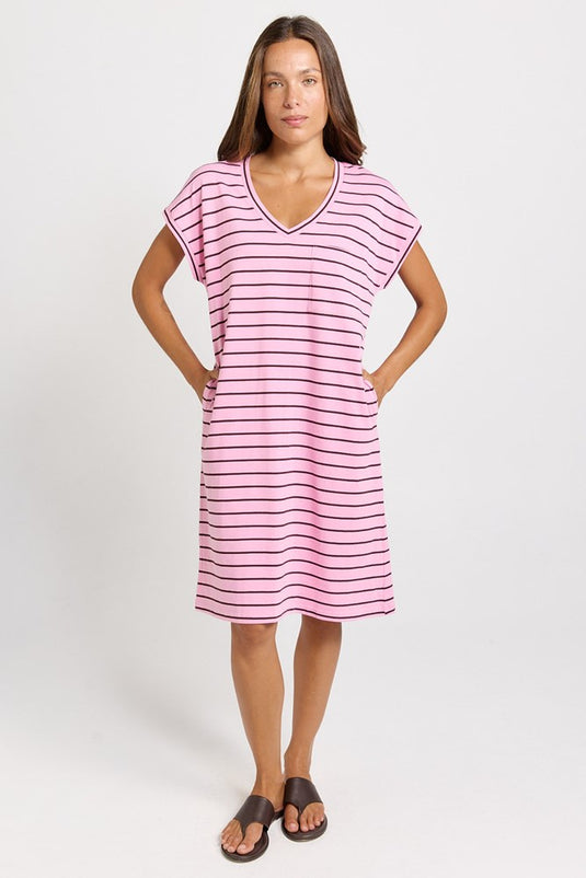 Betty Basics Womens Zena Cotton T-Shirt Dress - Pink/Chocolate Stripe