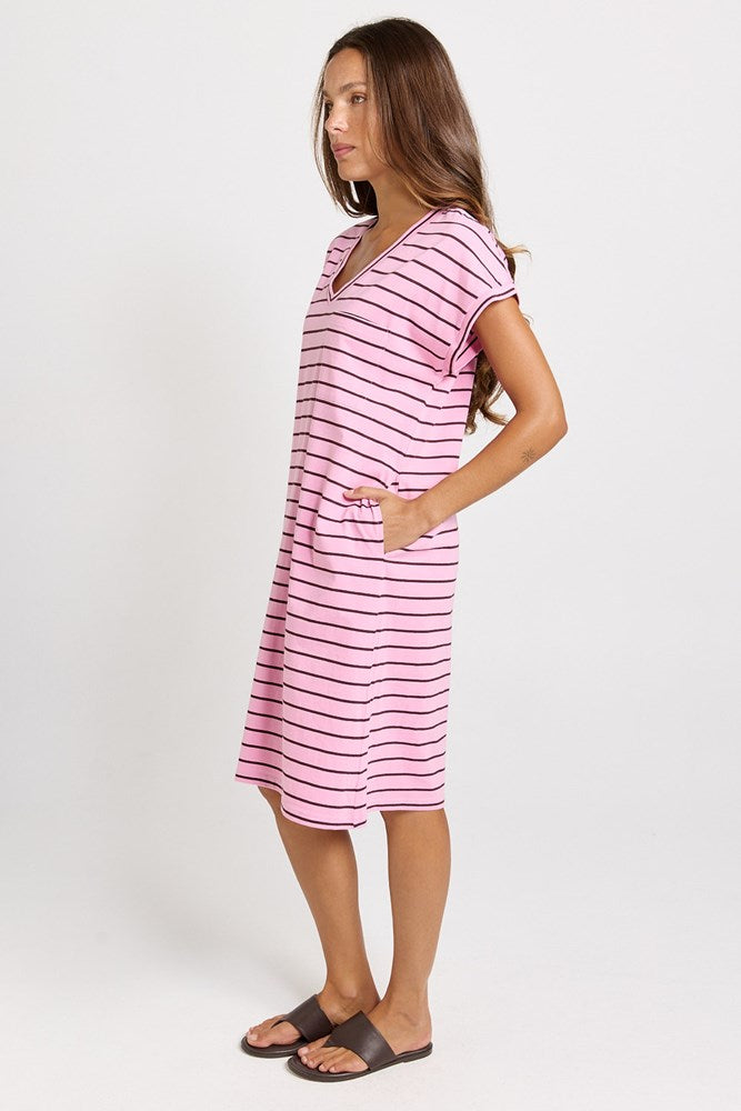 Load image into Gallery viewer, Betty Basics Womens Zena Cotton T-Shirt Dress - Pink/Chocolate Stripe
