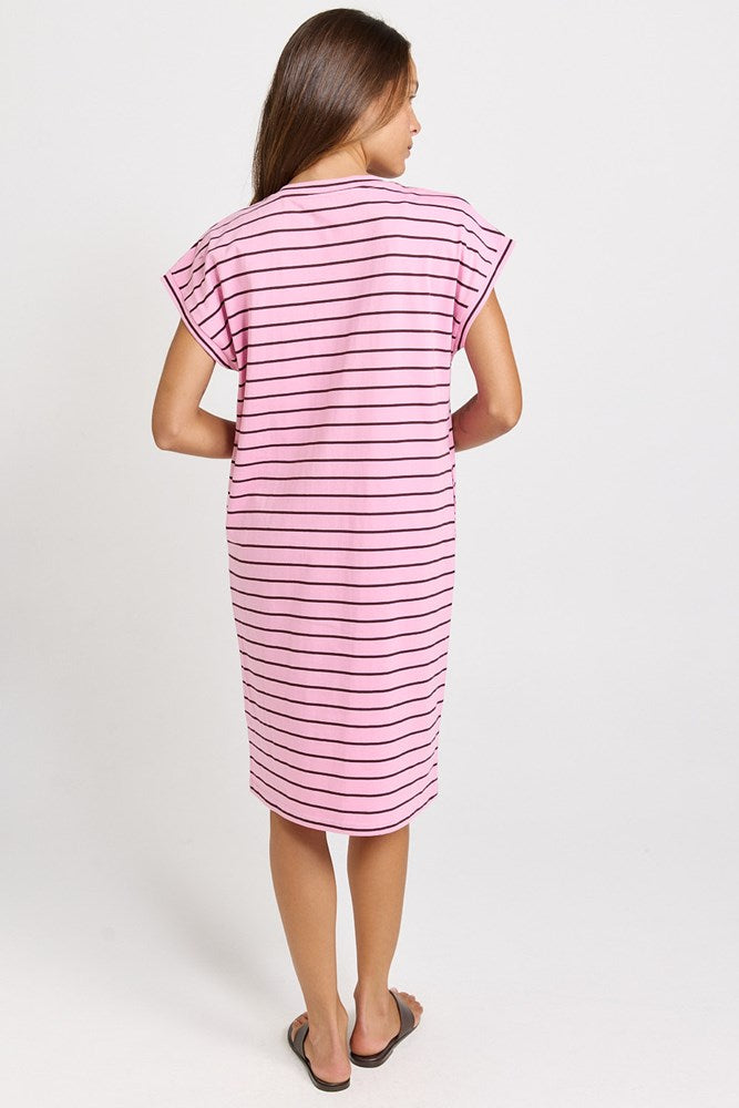 Load image into Gallery viewer, Betty Basics Womens Zena Cotton T-Shirt Dress - Pink/Chocolate Stripe
