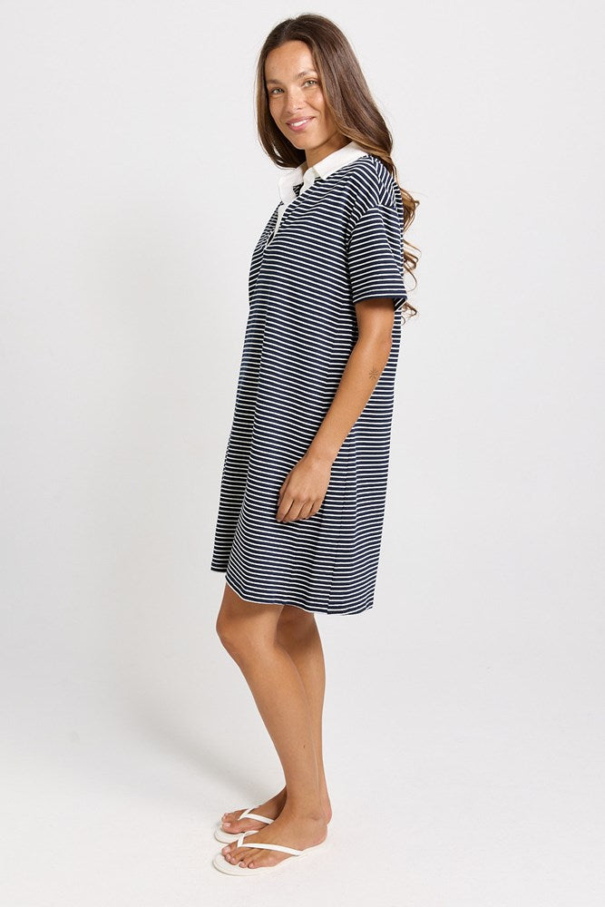 Load image into Gallery viewer, Betty Basics Womens Freddy Cotton Polo Dress - Navy/White Stripe
