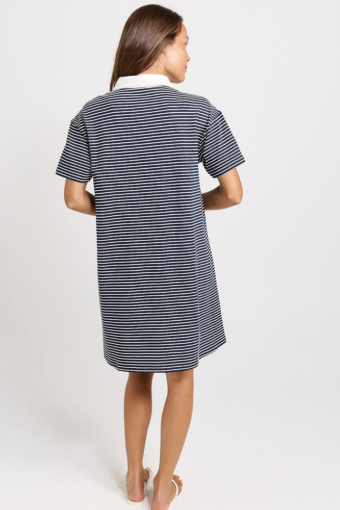 Load image into Gallery viewer, Betty Basics Womens Freddy Cotton Polo Dress - Navy/White Stripe
