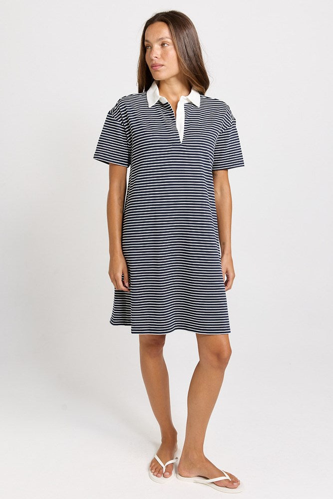 Load image into Gallery viewer, Betty Basics Womens Freddy Cotton Polo Dress - Navy/White Stripe
