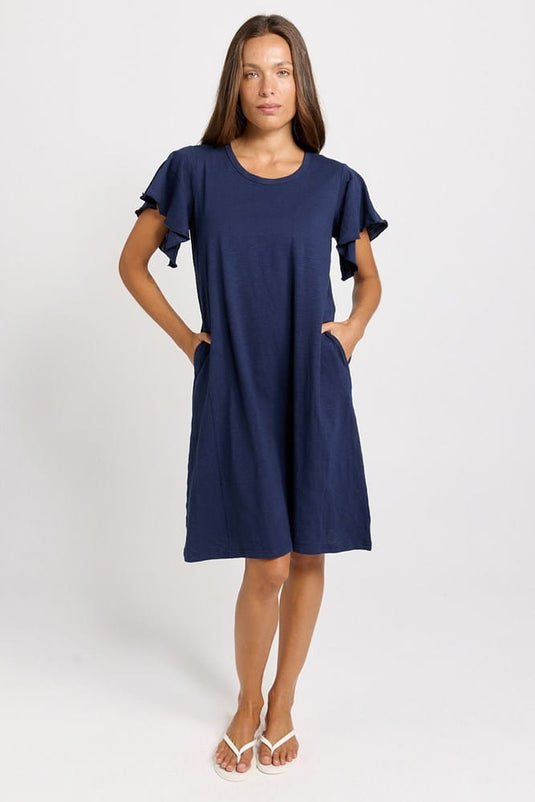 Betty Basics Womens Celene Frill Sleeve T-Shirt Dress - Navy
