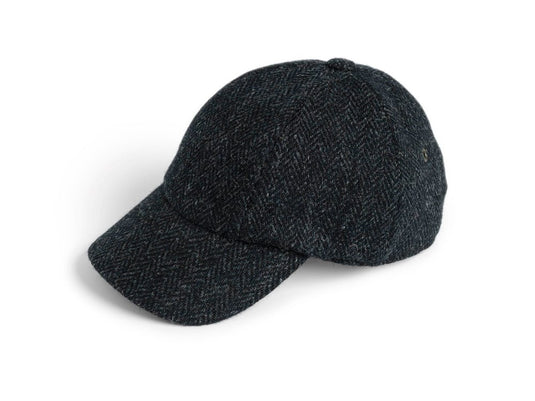 Hanna Hats Mens Baseball Cap Tweed - Black & Charcoal Herringbone