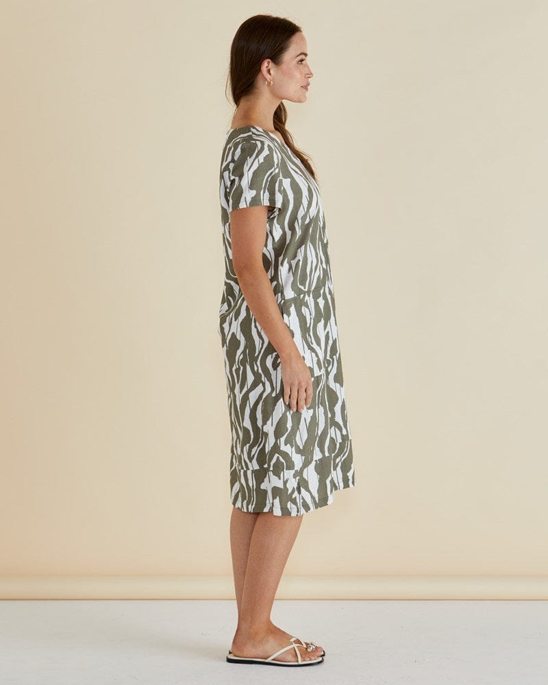 Load image into Gallery viewer, Betty Basics Womens Elwood Dress - Olive Geometric Print
