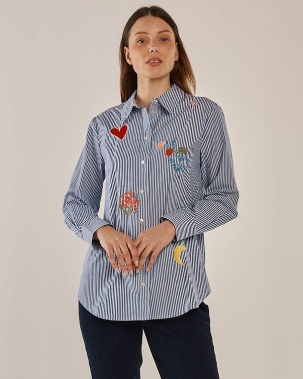 Load image into Gallery viewer, Betty Basics Amelia Shirt - Floral Navy Stripe
